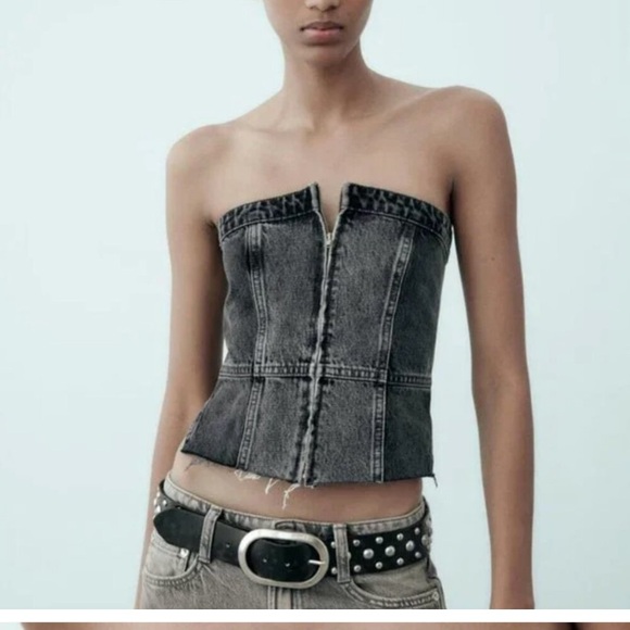 BRAND NEW ZARA STRAPLESS TRF DENIM TOP IN ANTHRACITE GREY - Picture 5 of 6